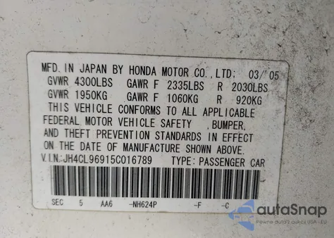 2005 Acura Tsx из США, поврежденный, VIN JH4CL96915C016789